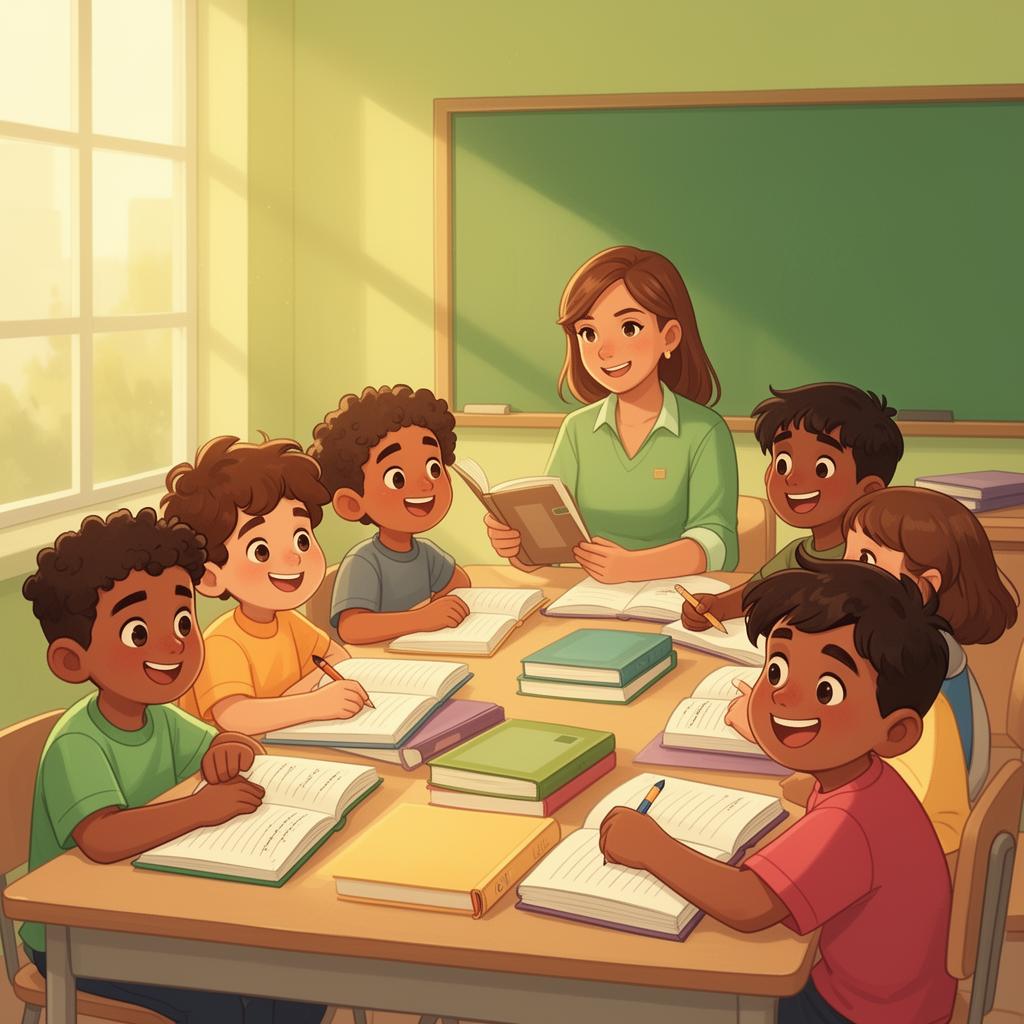 Tutores voluntarios ayudando a estudiantes en un aula cálida